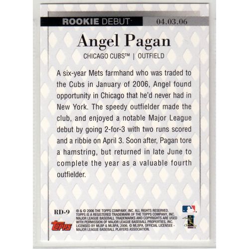2006 Topps Updates & Highlights Rookie Debut RD9 Angel Pagan- Cubs