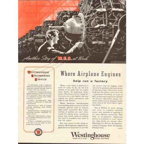 WESTINGHOUSE ELECTRIC MFG CO 1943 Airplane engines factory vintage ad