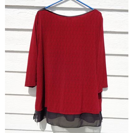 Womens Worthington 2X Dark Red Knit Top Chiffon Hem 52 Chest Black Trim