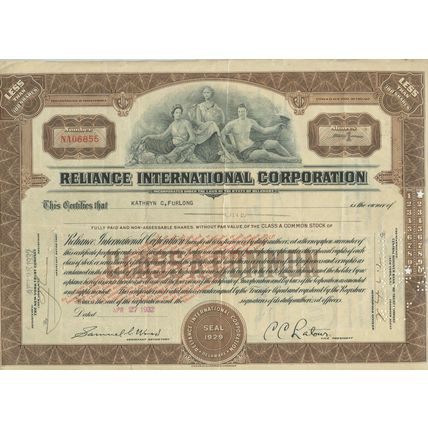 Reliance International Corporation 1 Share 1932 Stock/Share Certificate