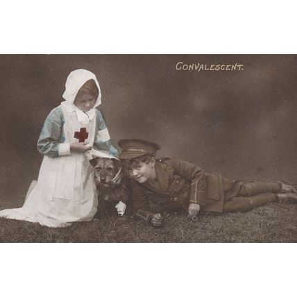 Children as WW1 Soldier Red Cross Nurse Dog Antique Postcard