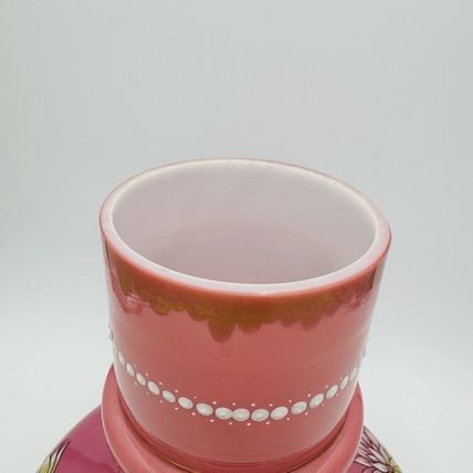 Victorian aesthetic pink opaline glass vase Roosters Fighting Daisies Large Rare