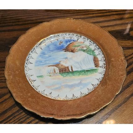 22K GOLD NIAGARA FALLS 7 1/2” SOUVENIR PLATE Hand-Painted Crest-O-Gold FILIGREE