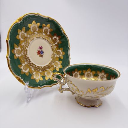Antique Schwarzenhammer Bavaria Porcelain Gold Trim tea cup & saucer Green