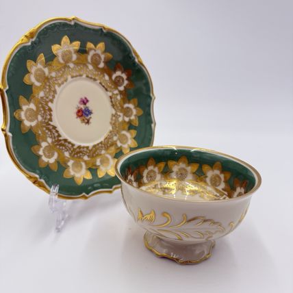 Antique Schwarzenhammer Bavaria Porcelain Gold Trim tea cup & saucer Green