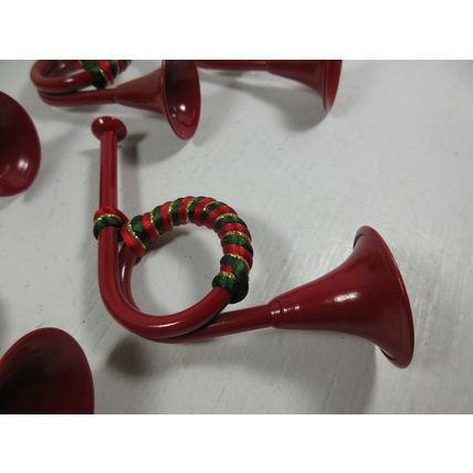 Set of 5 Decorative Christmas French Horns Bugles Metal Red w/ Red Green Gold 4"