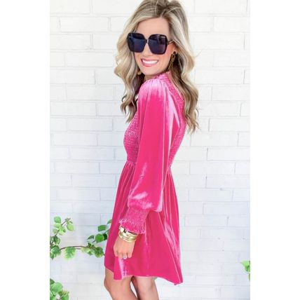 Rose Frilled Neck Smocked Bodice Velvet Dress