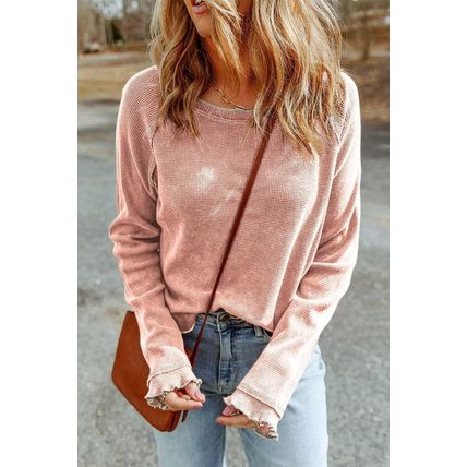 Apricot Pink Textured Round Neck Long Sleeve Top