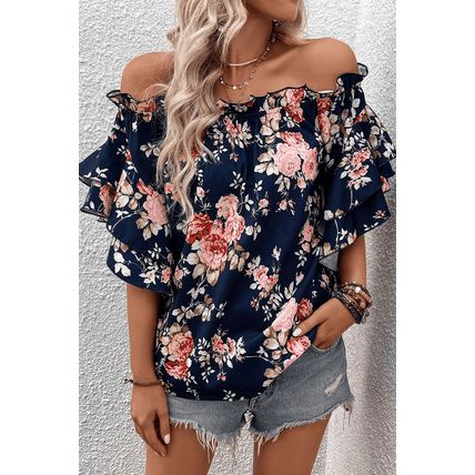 Blue Ruffle Off Shoulder Flounce Sleeve Floral Blouse