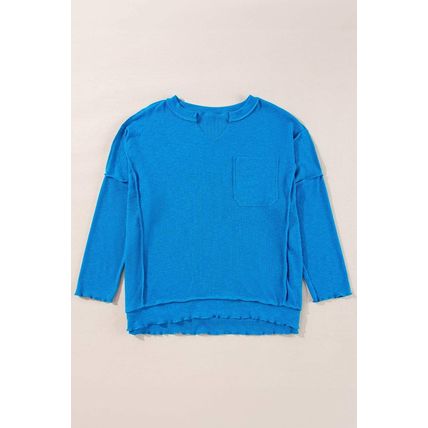 Blue Ribbed Exposed Seam Knit V Neck Long Sleeve Top