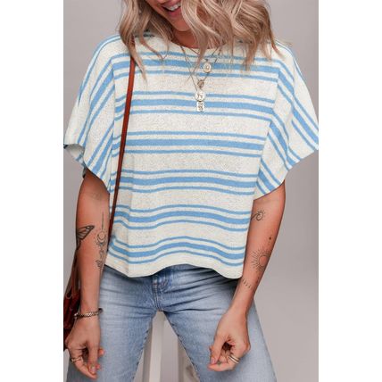 Sky Blue Stripe Boxy Fit Wide Sleeve Sweater T Shirt
