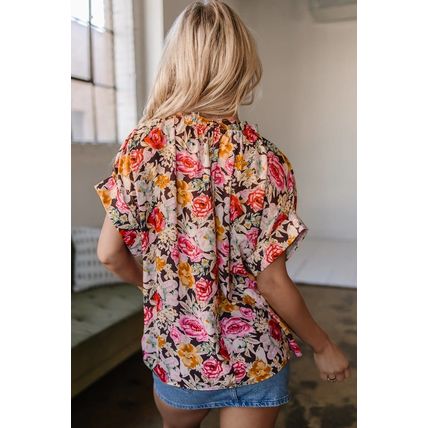 Pink Floral Print Crew Neck Short Sleeve Shift Blouse