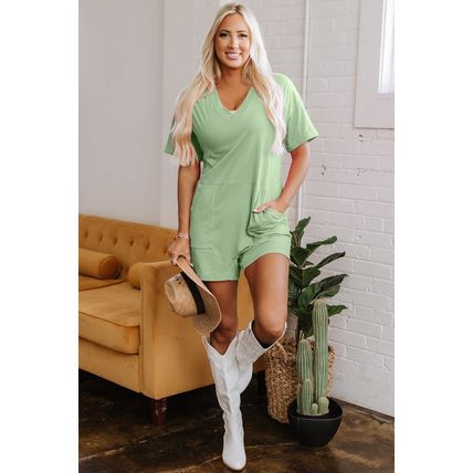 Grass Green Loose Half Sleeve V Neck Knit Romper