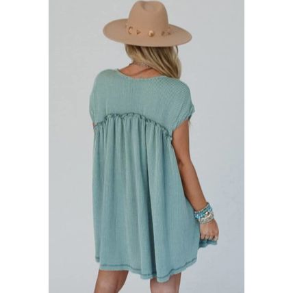Canton Corded Knit Textured Patched Pocket Frilled Swing Mini Dress with Pockets