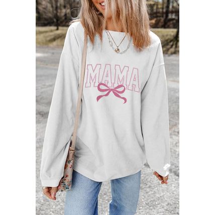 White MAMA Bowknot Embroidered Ribbed Pullover Sweatshirt