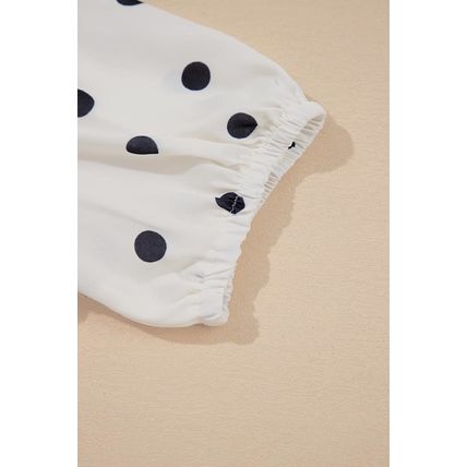 White Polka Dot Collared Lace up Font Puff Sleeve Peplum Top