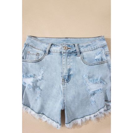 Beau Blue High Rise Distressed Raw Hem Denim Shorts