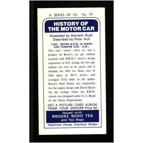 1968 Brooke Bond Tea card HISTORY OF THE MOTOR CAR no.47 Rover BRM Le Mans