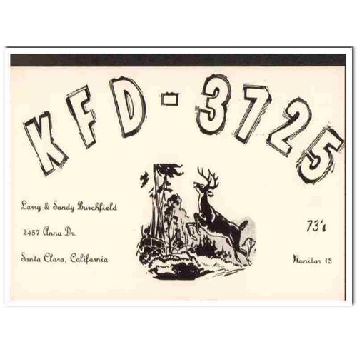 kfd-3725 larry burchfield santa clara ca 1960s cb qsl vintage postcard