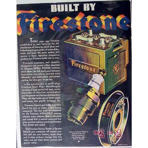 FIRESTONE TIRE RUBBER COMPANY 1934 Battery Plugs Brakes vintage ad