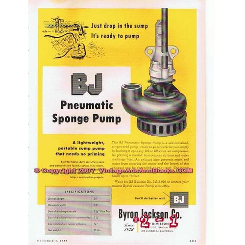 BYRON JACKSON COMPANY 1955 drill sump pneumatic sponge pump vintage ad