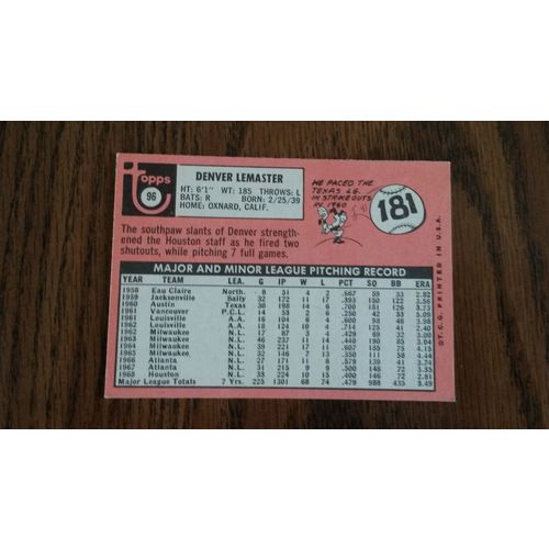 1969 Topps Card # 096 Denver Lemaster Very Good (3) Houston Astros