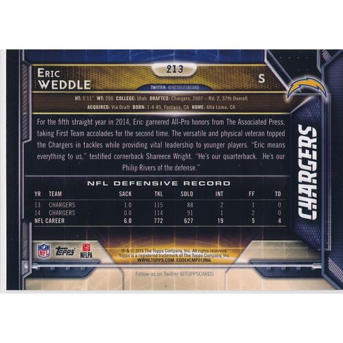 2015 Topps Football 213 Eric Weddle San Diego Chargers