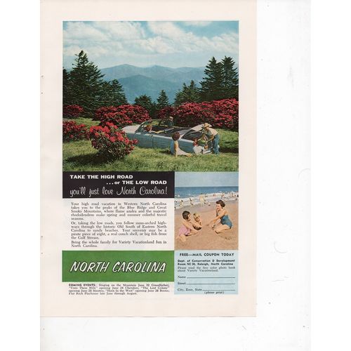 North Carolina vintage Full Page Print Ad June 1958