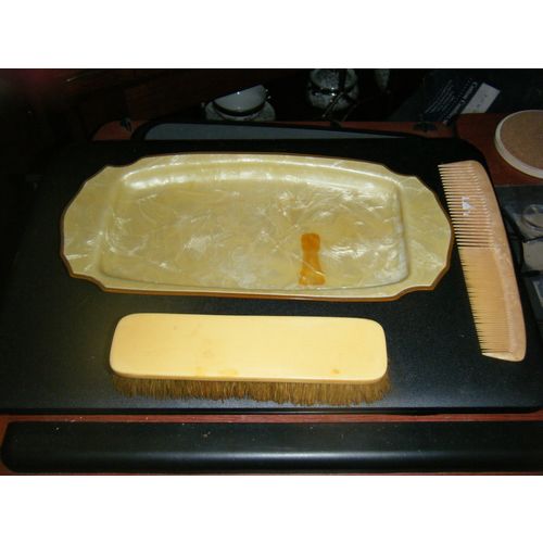Vintage Art Deco Plastic Celluloid Vanity Tray & Hair or Clothing Brush & Comb
