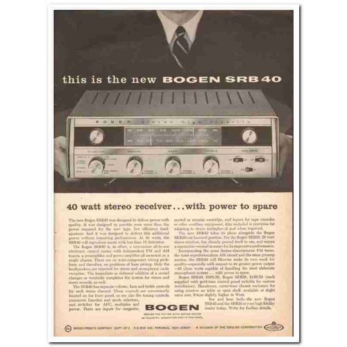 SIEGLER CORP 1960 Bogen-Presto SRB40 40watt stereo receiver vintage ad