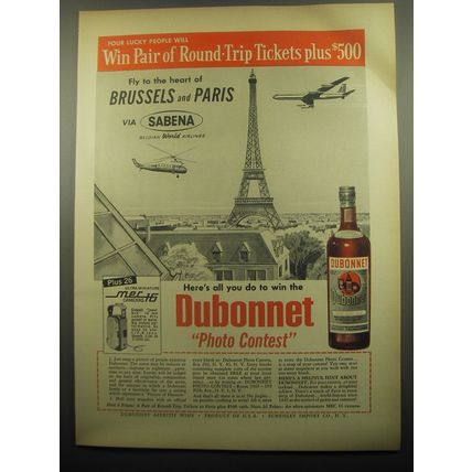 1959 Dubonnet Aperitif Ad - Fly to the heart of Brussels and Paris via Sabena