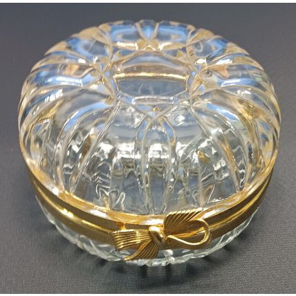 Vintage Cut Glass Crystal Round Gold Trim BowTie Hinged Dresser Trinket Box Bow