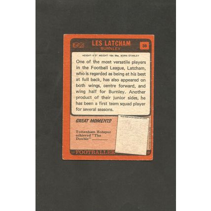A&BC Orange Back Football 1970-71 #36 Les Latcham Burnley
