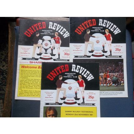 3 FOOTBALL PROGRAMMMES MANCHESTER UNITED REVIEW 1981-82 BIRMINGHAM NOTTS COUNTY