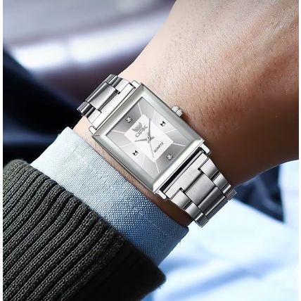 Gents Black Square Face Waterproof Silver Stainless Steel Bracelet Watch BOXED
