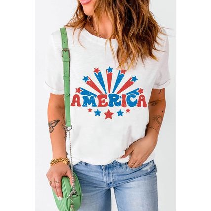 White AMERICA Star Graphic Round Neck Tee