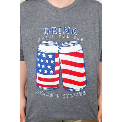 Gray USA Flag Drink Cans Slogan Graphic Tee