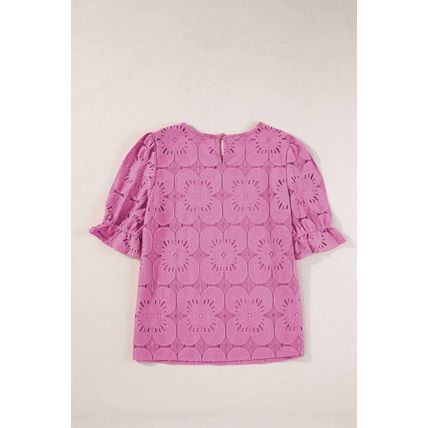 Bright Pink Flower Eyelet Jacquard Keyhole Flounce Sleeve Top