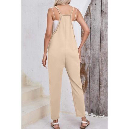 Apricot Side Pockets Harem Pants Sleeveless V Neck Jumpsuit