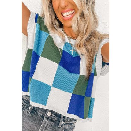 Dark Blue Color Block Cap Sleeve Sweater Tops