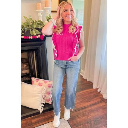Strawberry Pink Textured Knit Ruffled Mock Neck Sweater Tank