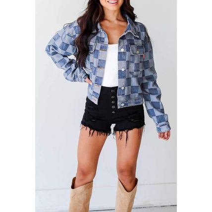 Light Blue Checkered Patchwork Button up Denim Jacket