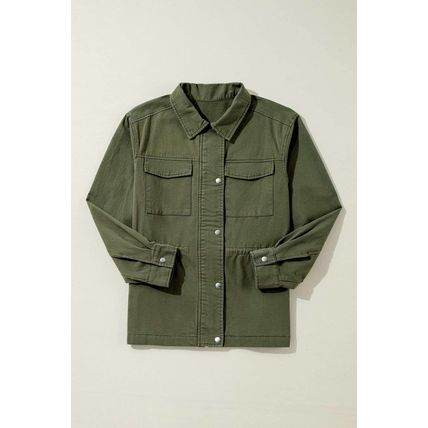 Moss Green Snap Button Zipper Tight Waist Collared Jacket