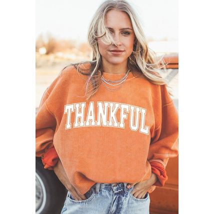 Orange THANKFUL Crew Neck Pullover Sweatshirt