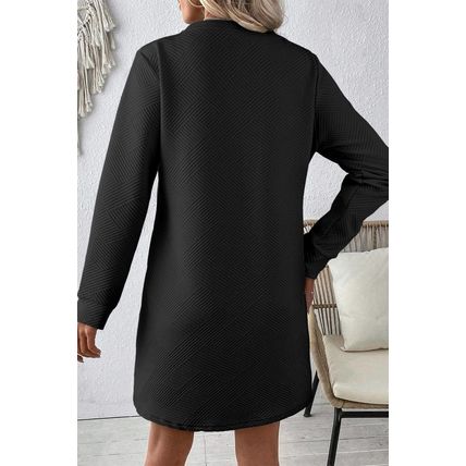 Black Solid Color Textured Long Sleeve Shift Dress