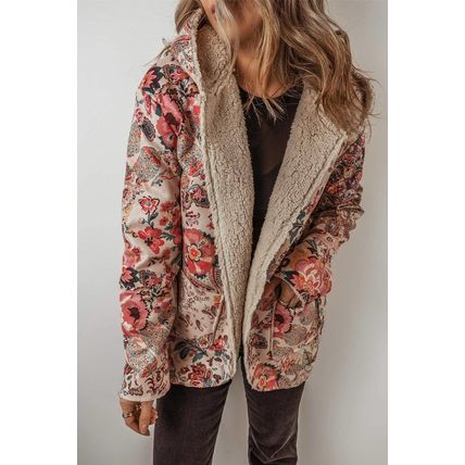 Beige Vintage Paisley Floral Printed Sherpa Lined Hooded Jacket