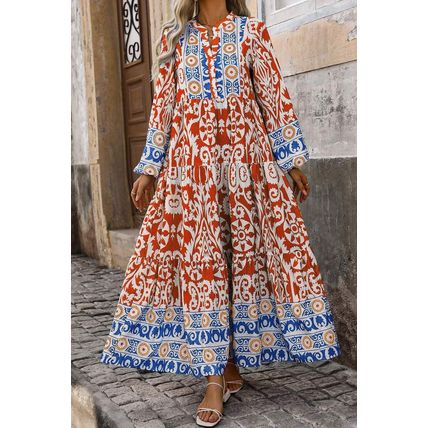 Orange Boho Geometric Printed Long Sleeve Maxi Dress