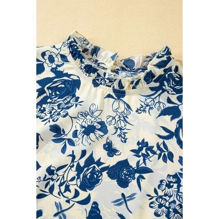 Sky Blue Floral Print Flounce Sleeve Keyhole Back Blouse