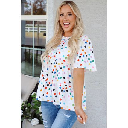 White Colorful Polka Dot Short Sleeve Tiered Ruffled Babydoll Blouse