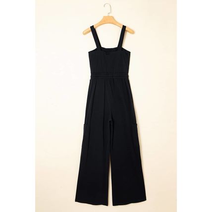 Black Drawstring Wide Leg Cargo Pockets Sleeveless Jumpsuit